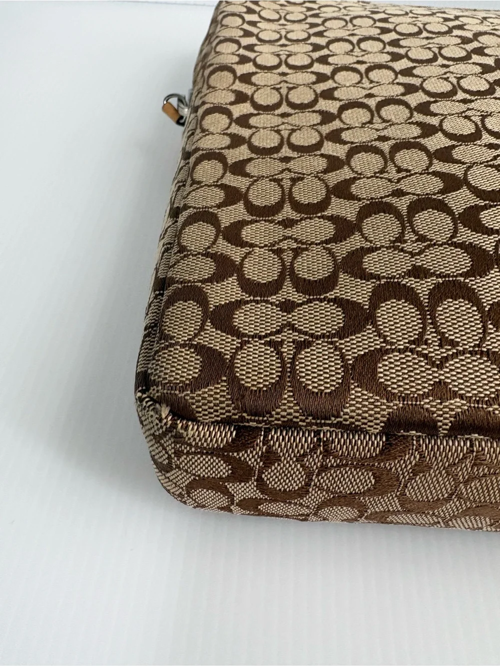 Coach Brown Signature Canvas Laptop Sleeve with Tan Stripe